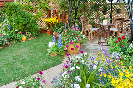 Outdoor yard with flowers and lawn