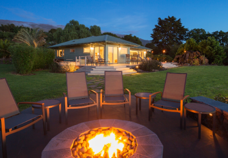 Lawn with outdoor fireplace